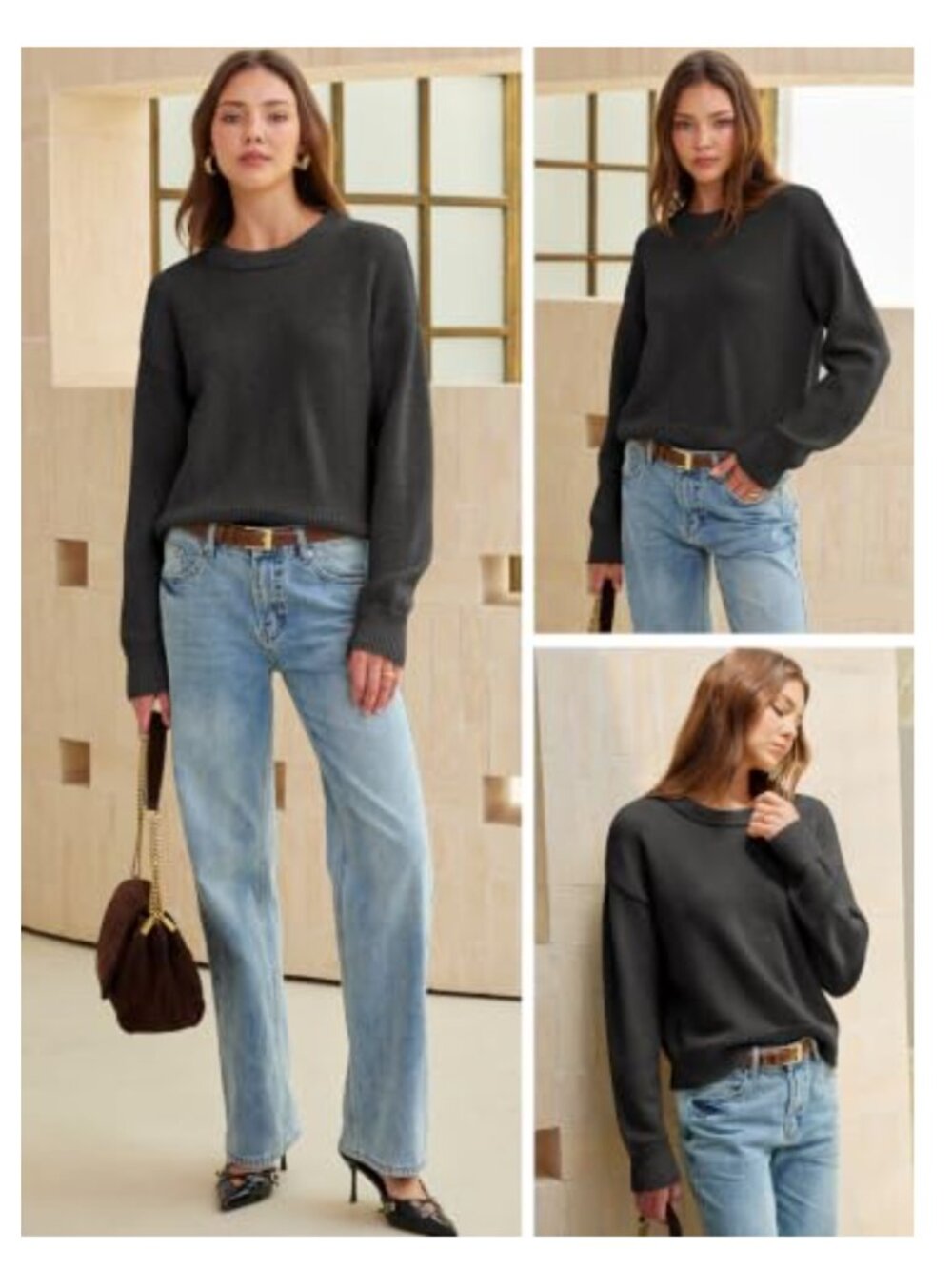 Oversized Cropped Knit Sweater Wool Blend Fuzzy Chunky Pullover - Picture 5 of 6